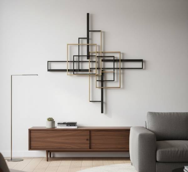 Modern 3D wall sculpture art made from wire and metal materials, showcasing dimensional geometric patterns perfect for trendy wall decor and art ideas.