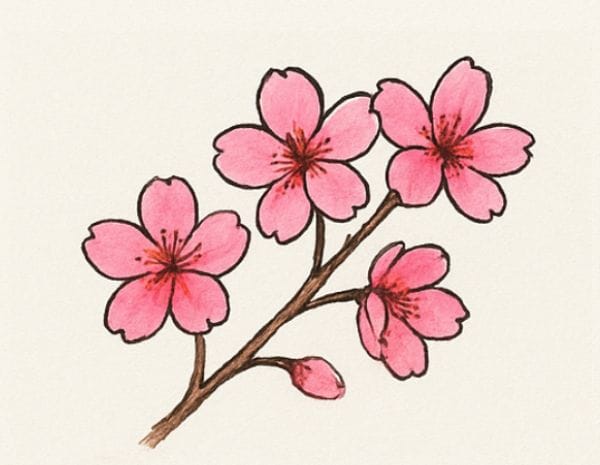 Anime and manga style cherry blossom drawing with vibrant blossoms and stylized branches