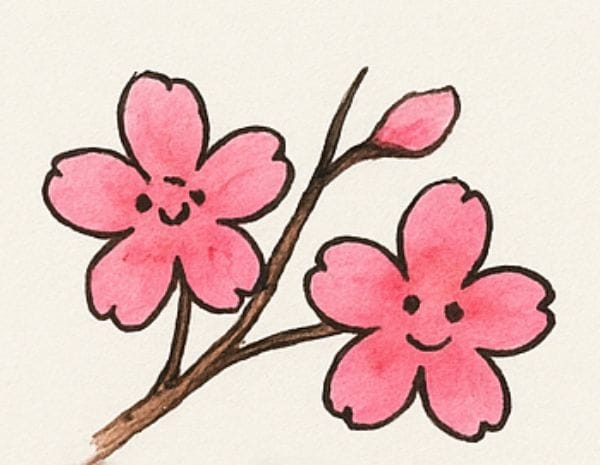 Children’s art cherry blossom drawing with playful colors and simple shapes