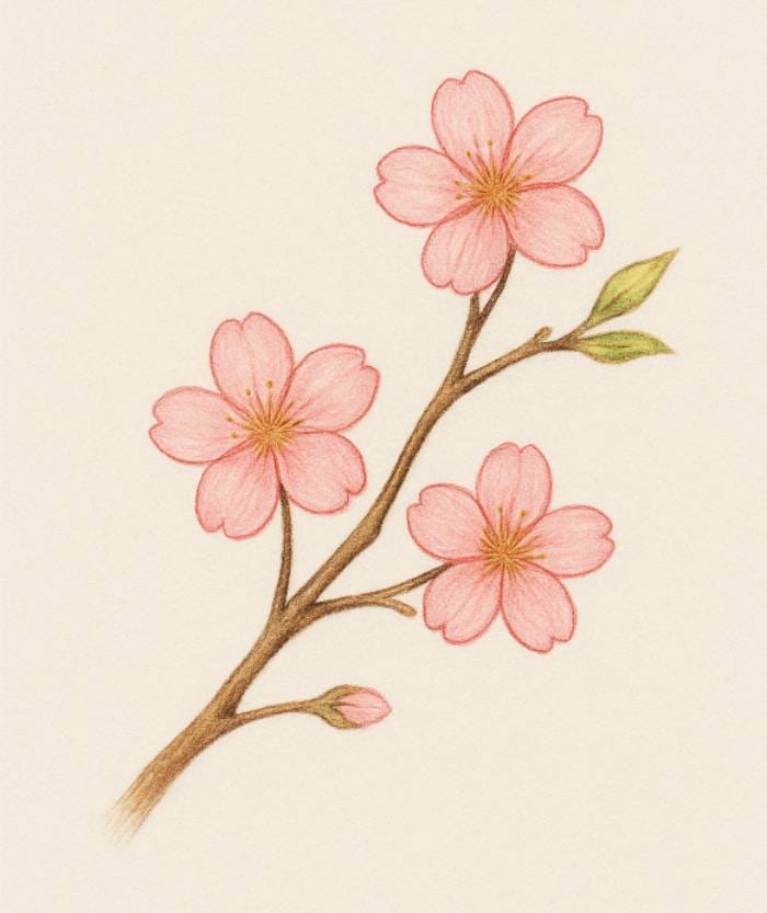 Cherry blossom drawing with creative coloring ideas using soft pinks and natural shades