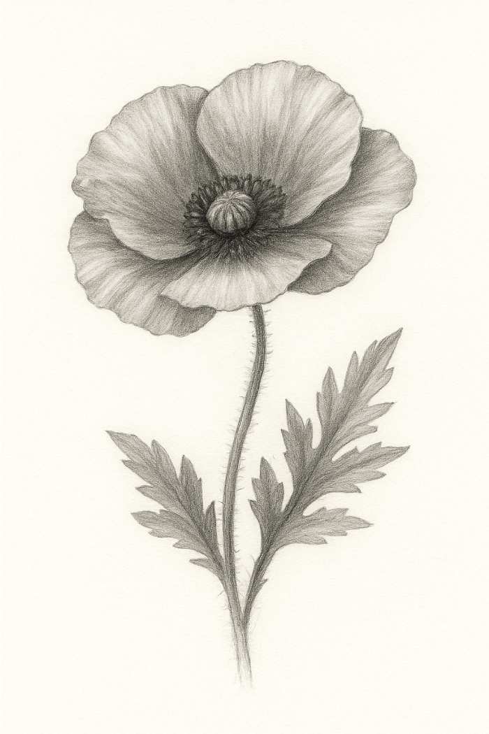 Realistic pencil sketch of a poppy flower showing detailed petals, textured stem, and leaves.