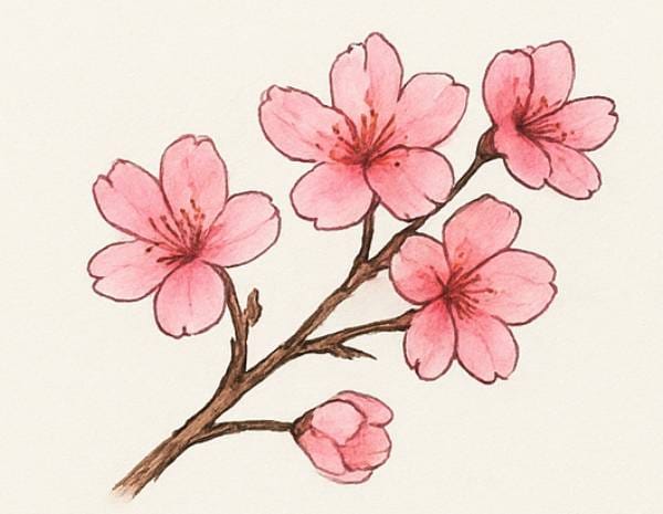 Realistic style cherry blossom drawing with detailed petals and branches