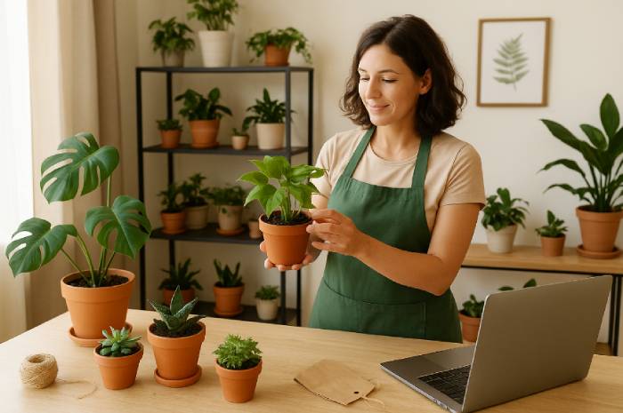 Indoor plants arranged on a wooden table in a bright home setting, showing a small home plant business setup.