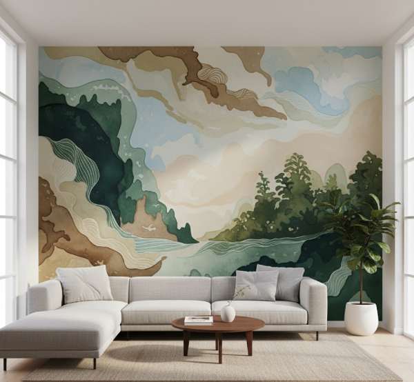 A contemporary living room featuring an abstract nature-inspired mural with organic shapes and earthy tones, enhancing trendy wall decor.