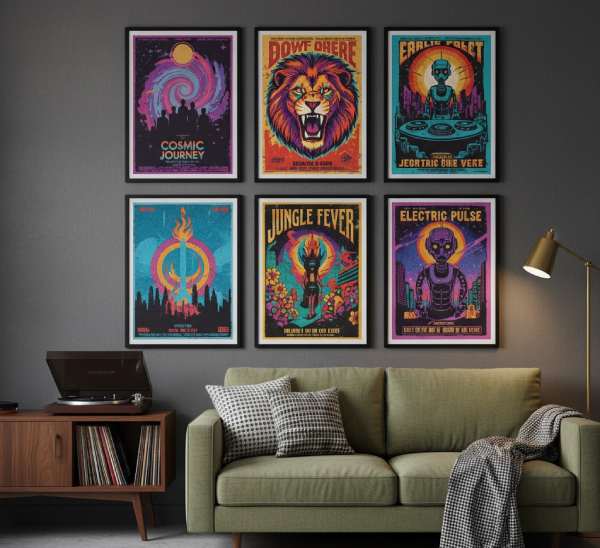 Framed band concert posters displayed on a wall, perfect for trendy wall decor and music-inspired wall art ideas.