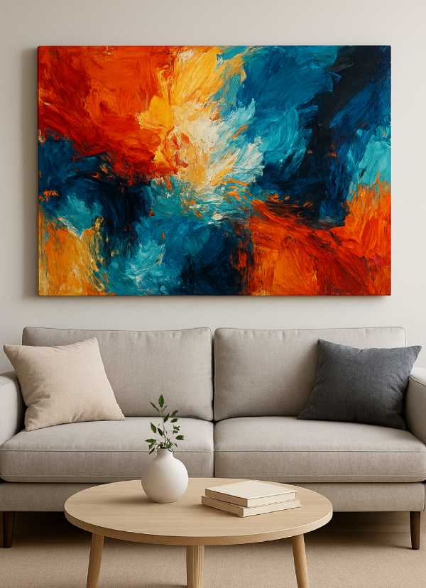 Contemporary bold brushstroke canvas featuring expressive paint textures and vibrant colors, ideal for modern and trendy wall decor ideas.