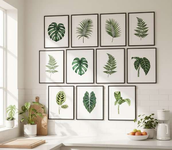 A bright modern kitchen wall decorated with framed botanical prints featuring ferns, palm leaves, and monstera designs for trendy wall decor.
