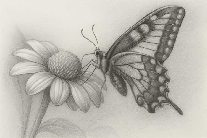 Realistic graphite butterfly drawing with soft shading and textured wings perched on a flower, demonstrating depth and light.