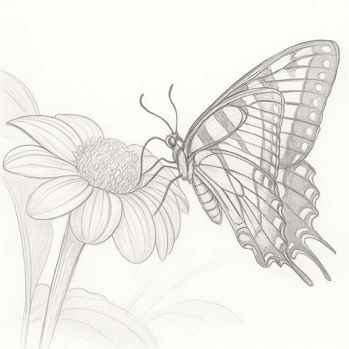 Close-up detailed drawing of butterfly wings showing intricate patterns and textures on a flower.