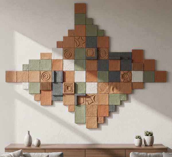 Handcrafted ceramic and clay art tiles arranged on a wall, ideal for trendy wall decor and unique wall art ideas.