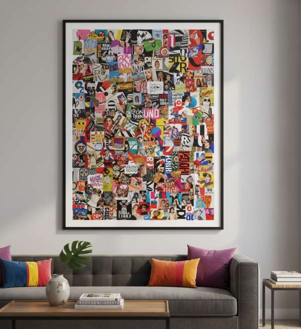 Creative collage wall made from magazine clippings, perfect for trendy wall decor and unique, artsy wall art ideas.