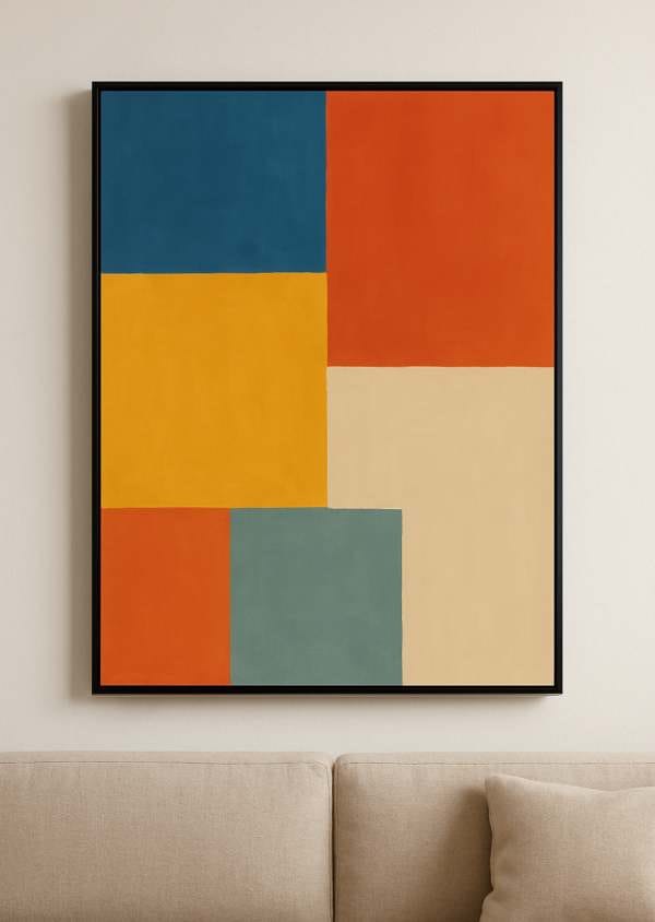 Modern color-block abstract painting featuring bold geometric shapes in blue, orange, yellow, and beige tones, perfect for trendy wall decor and wall art ideas.