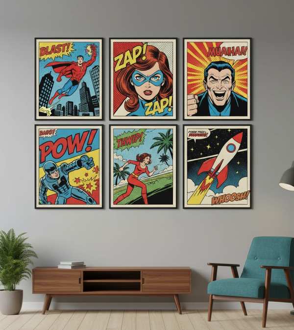 Vibrant comic-style wall art featuring bold illustrations, perfect for trendy wall decor and pop-culture-inspired wall art ideas.