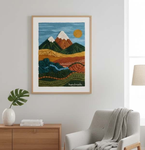 Intricate embroidered and textile art displayed on a wall, perfect for trendy wall decor and handcrafted wall art ideas.