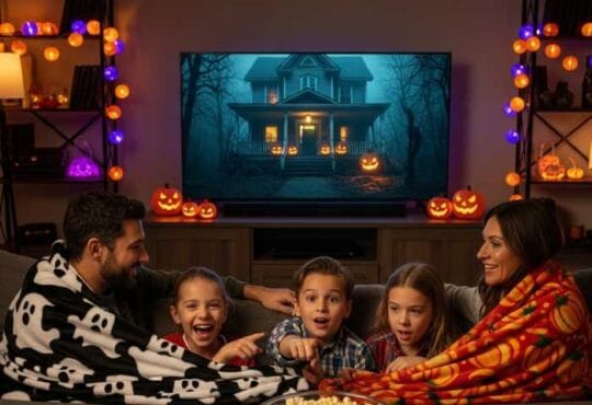A family sitting together under Halloween-themed blankets, watching a spooky movie with pumpkins and festive decorations in the background