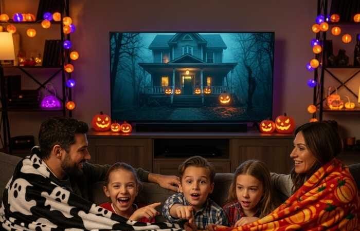A family sitting together under Halloween-themed blankets, watching a spooky movie with pumpkins and festive decorations in the background