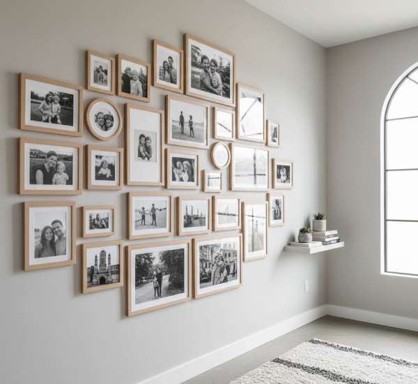 Beautifully arranged family photo gallery wall, perfect for trendy wall decor and personalized wall art ideas.