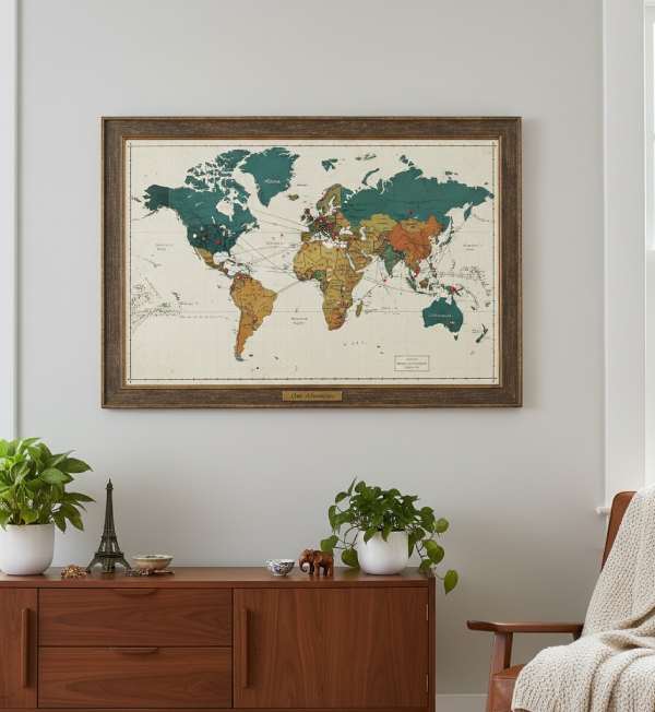 Framed travel maps displayed on a wall, perfect for trendy wall decor and stylish wanderlust-inspired wall art ideas.