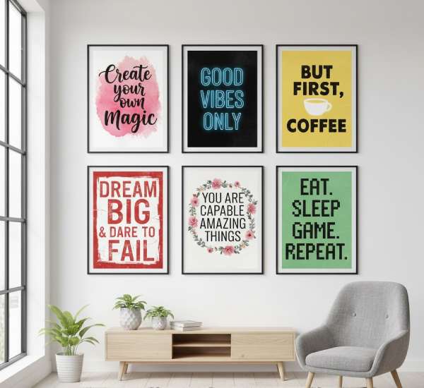 Colorful and playful typography prints displayed on a wall, perfect for trendy wall decor and modern wall art ideas.