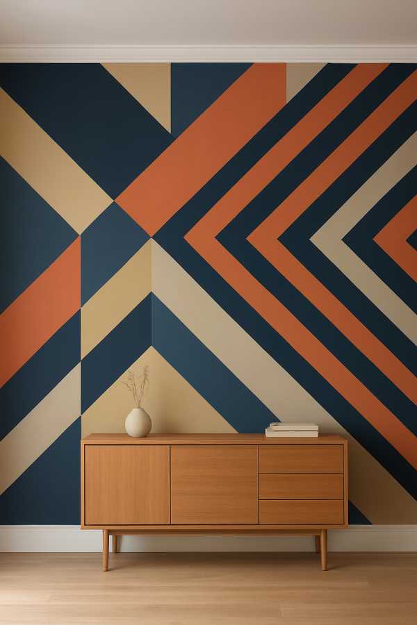 Modern geometric wall mural with bold diagonal patterns in navy blue, orange, and beige tones, creating a stylish and trendy wall decor design.