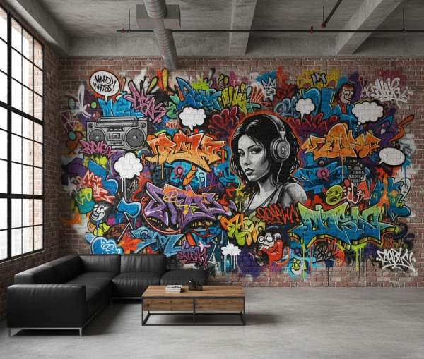 Colorful graffiti-inspired murals on a wall, perfect for trendy wall decor and urban-style wall art ideas.