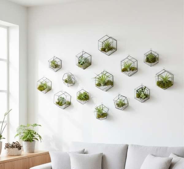 Modern hanging terrarium wall decor with lush green plants, perfect for trendy wall art and stylish home interiors.