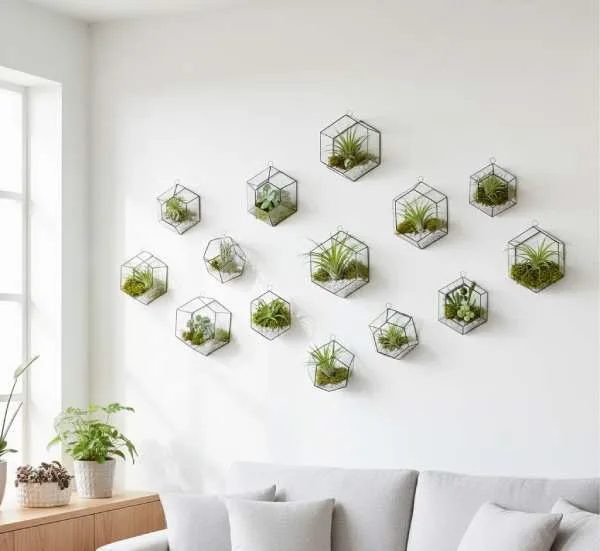 Modern hanging terrarium wall decor with lush green plants, perfect for trendy wall art and stylish home interiors.