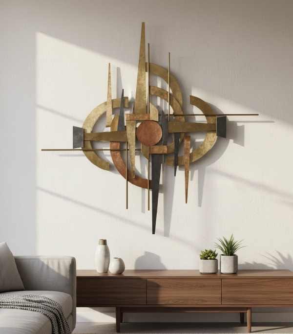 Stylish metallic wall sculptures displayed on a modern wall, perfect for trendy wall decor and contemporary wall art ideas.