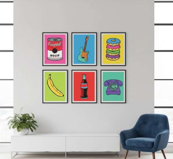Minimalist pop art prints displayed on a wall, ideal for trendy wall decor and modern, stylish wall art ideas.