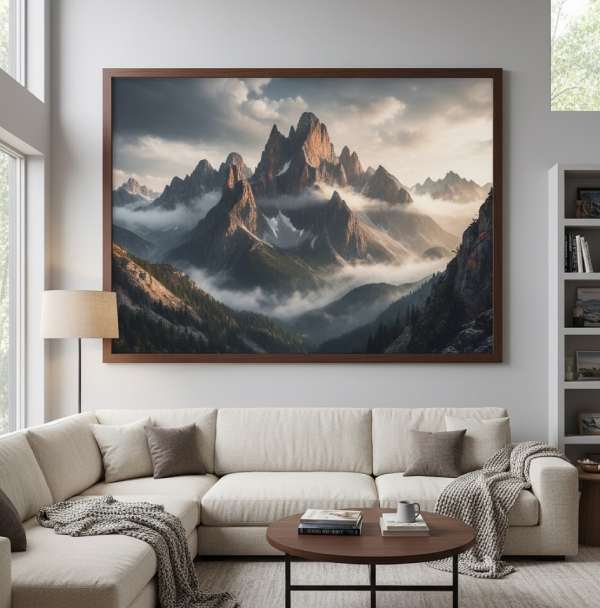 A modern living room with a large framed mountain landscape poster hanging above a neutral sofa, creating a calm and stylish wall decor look.