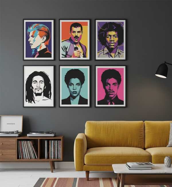 Stylish music icon portraits displayed on a wall, perfect for trendy wall decor and modern music-inspired wall art.