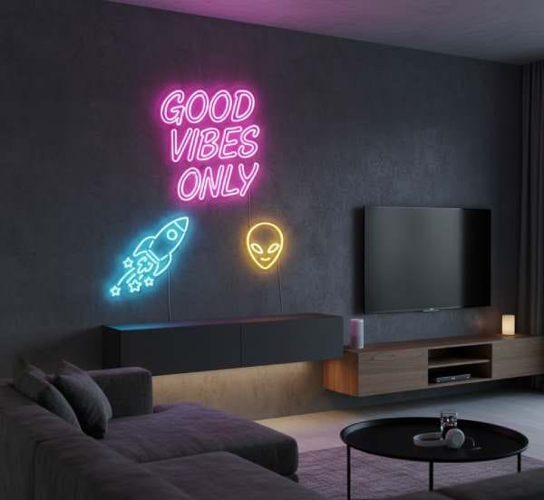 Bright neon light wall signs illuminating a modern interior, perfect for trendy wall decor and stylish wall art ideas.