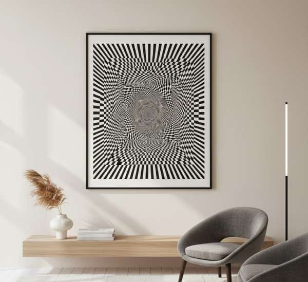 Optical illusion wall art print in a modern living room, showcasing trendy 3D visual effects for stylish home decor.