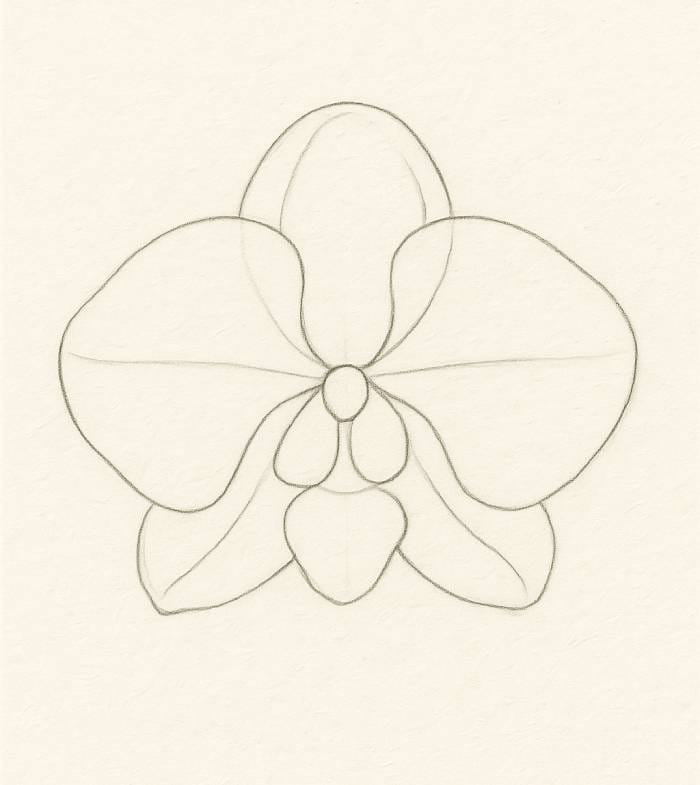 Pencil sketch of an orchid flower with refined curved petals and central structure.