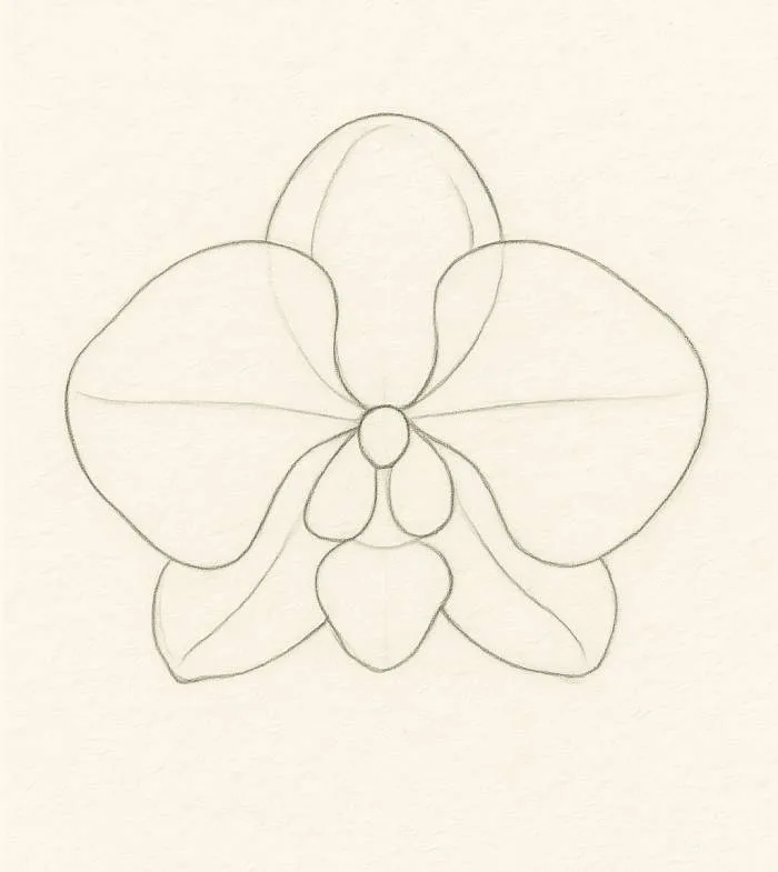 Pencil sketch of an orchid flower with refined curved petals and central structure.