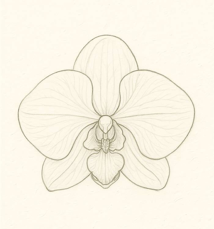 Detailed pencil drawing of an orchid flower with central labellum and light petal veins
