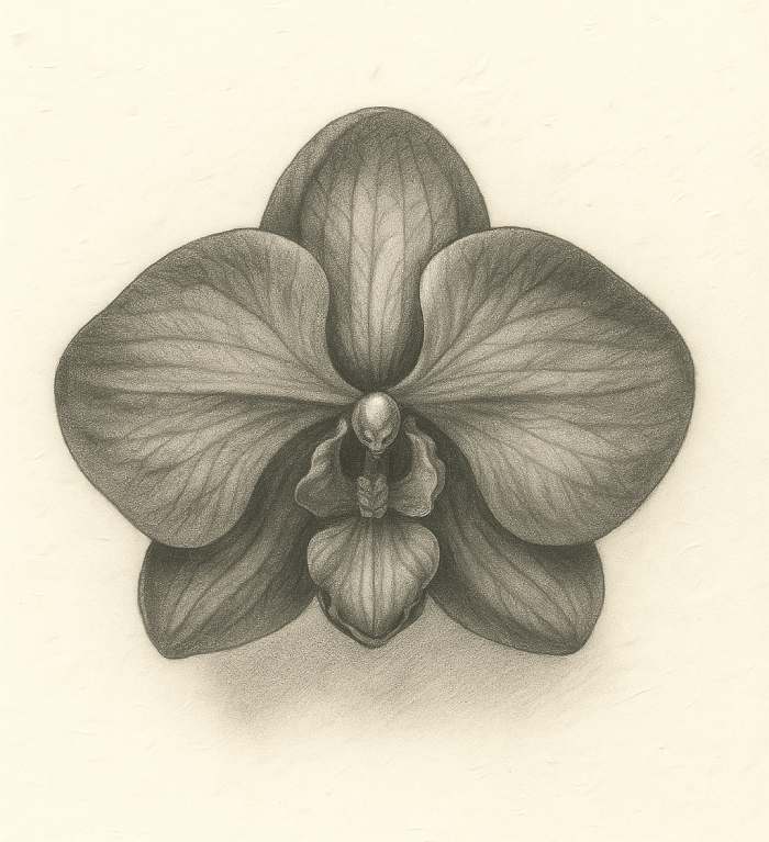 Shaded pencil drawing of an orchid flower showing light and shadow for three-dimensional depth