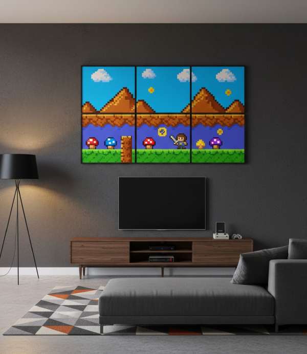 Vibrant pixel art wall panels creating a modern and playful wall display, perfect for trendy wall decor and contemporary wall art ideas.