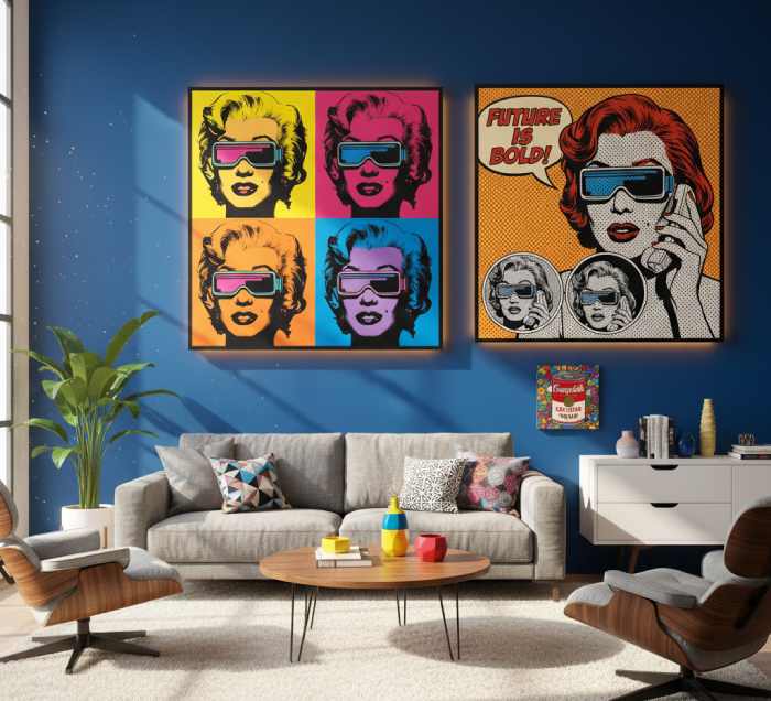 Modern living room with blue walls decorated with large pop art paintings of women in sunglasses, a gray sofa, stylish chairs, and a wooden coffee table