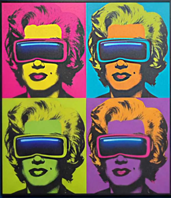 Pop art painting of Marilyn Monroe repeated in four colorful panels, each wearing oversized futuristic glasses