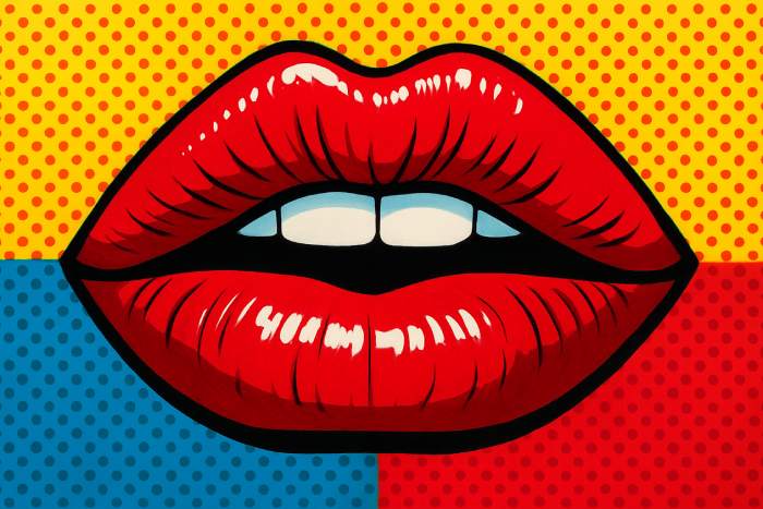 Pop art painting of glossy red lips outlined in black, with white teeth showing and a colorful halftone background in yellow, blue, and red.