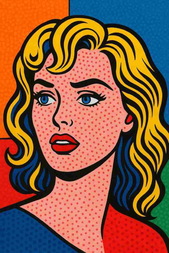 Pop art painting of a woman’s face with bold yellow hair, red lips, blue eyes, and halftone dot shading