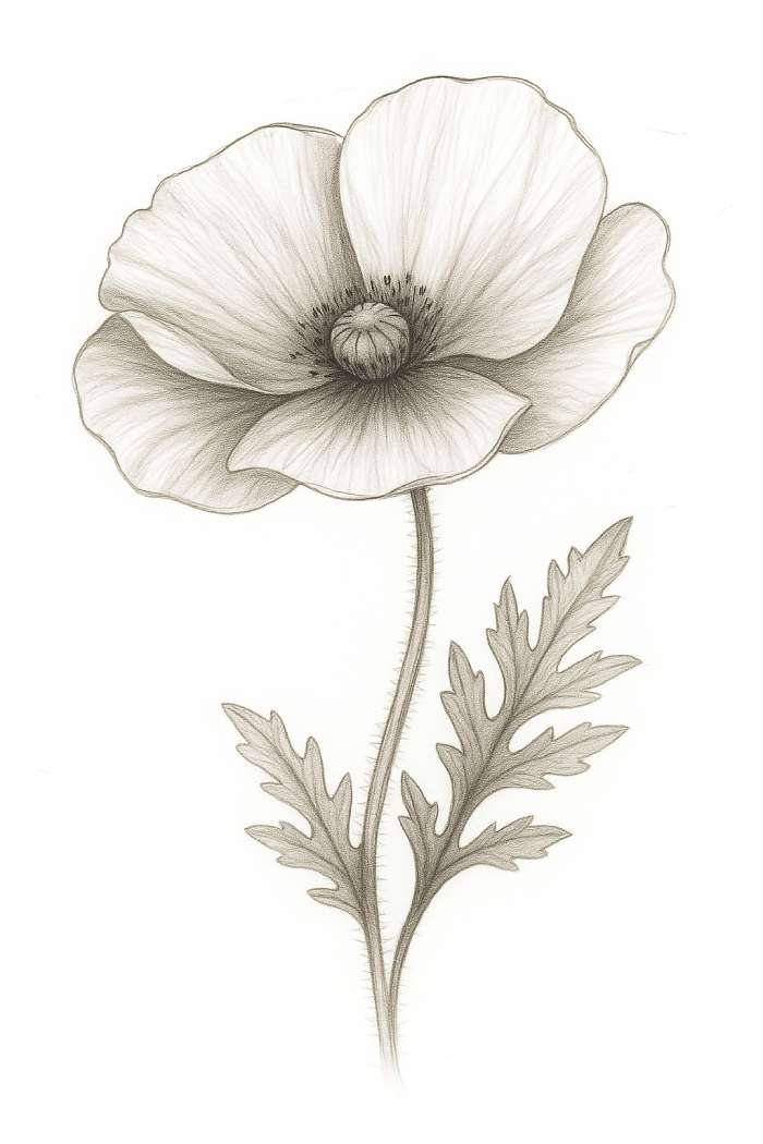 Poppy flower drawing with detailed stem and leaves added.
