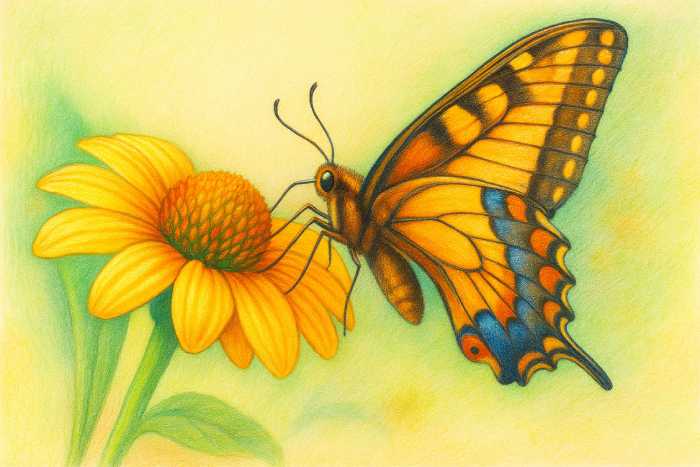 Vibrant colored pencil drawing of a butterfly on a yellow flower with smooth color blending and natural