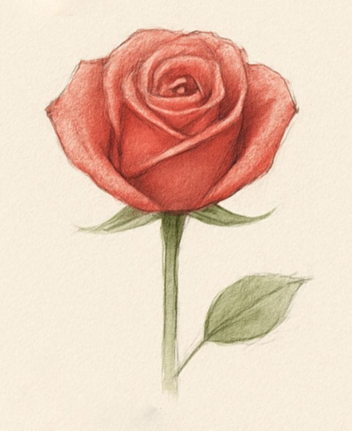Realistic pencil and color drawing of a red rose with a green stem and leaf