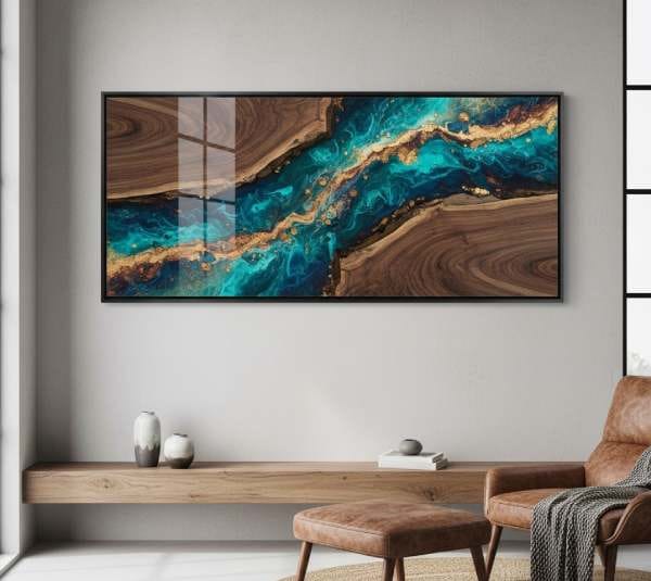 Stunning resin and wood art panels displayed on a wall, perfect for trendy wall decor and modern mixed-media wall art ideas.