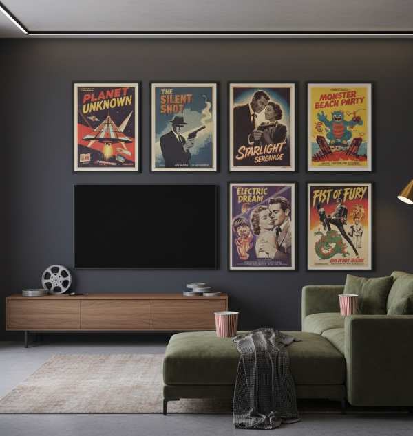 Framed retro movie posters displayed on a stylish wall, perfect for trendy wall decor and vintage-inspired wall art.