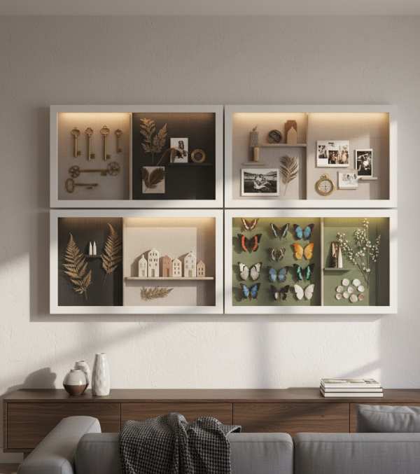 Creative shadow box art displayed on a wall, perfect for trendy wall decor and unique three-dimensional wall art ideas.