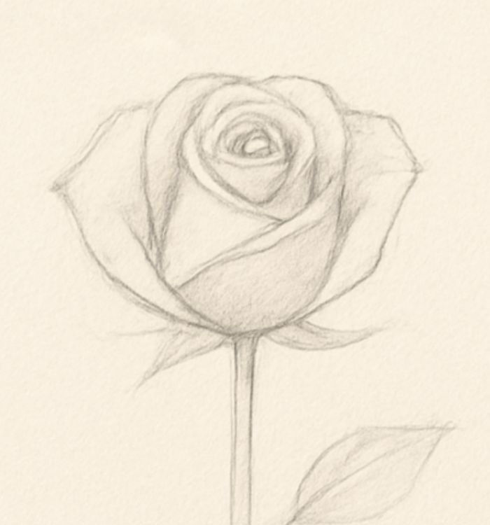 Rose sketch with pencil shading added to petals and a simple leaf outline on the stem.