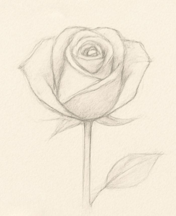 Rose sketch with pencil shading added to petals and a simple leaf outline on the stem.